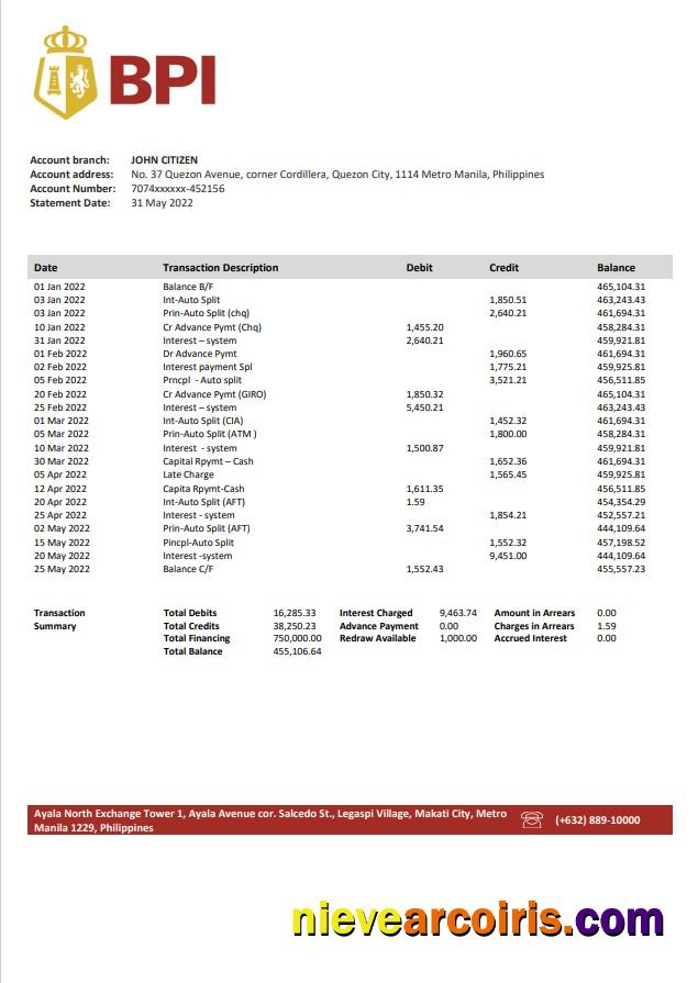Philippines Bank of the Philippine Islands bank statement in Word and PDF format